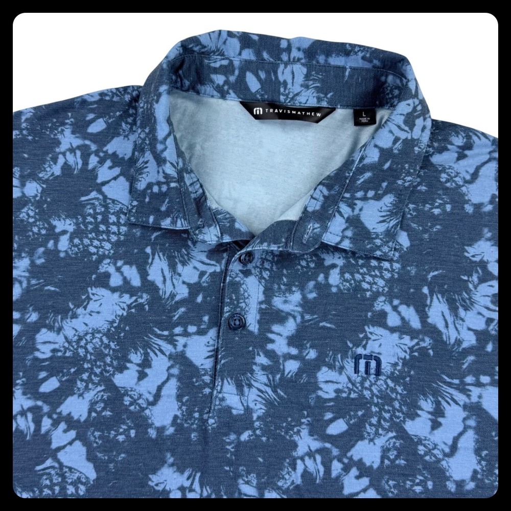 TravisMathew Polo Shirt Men Large Blue Cotton Stretch Pineapple Tropical 1MAB020